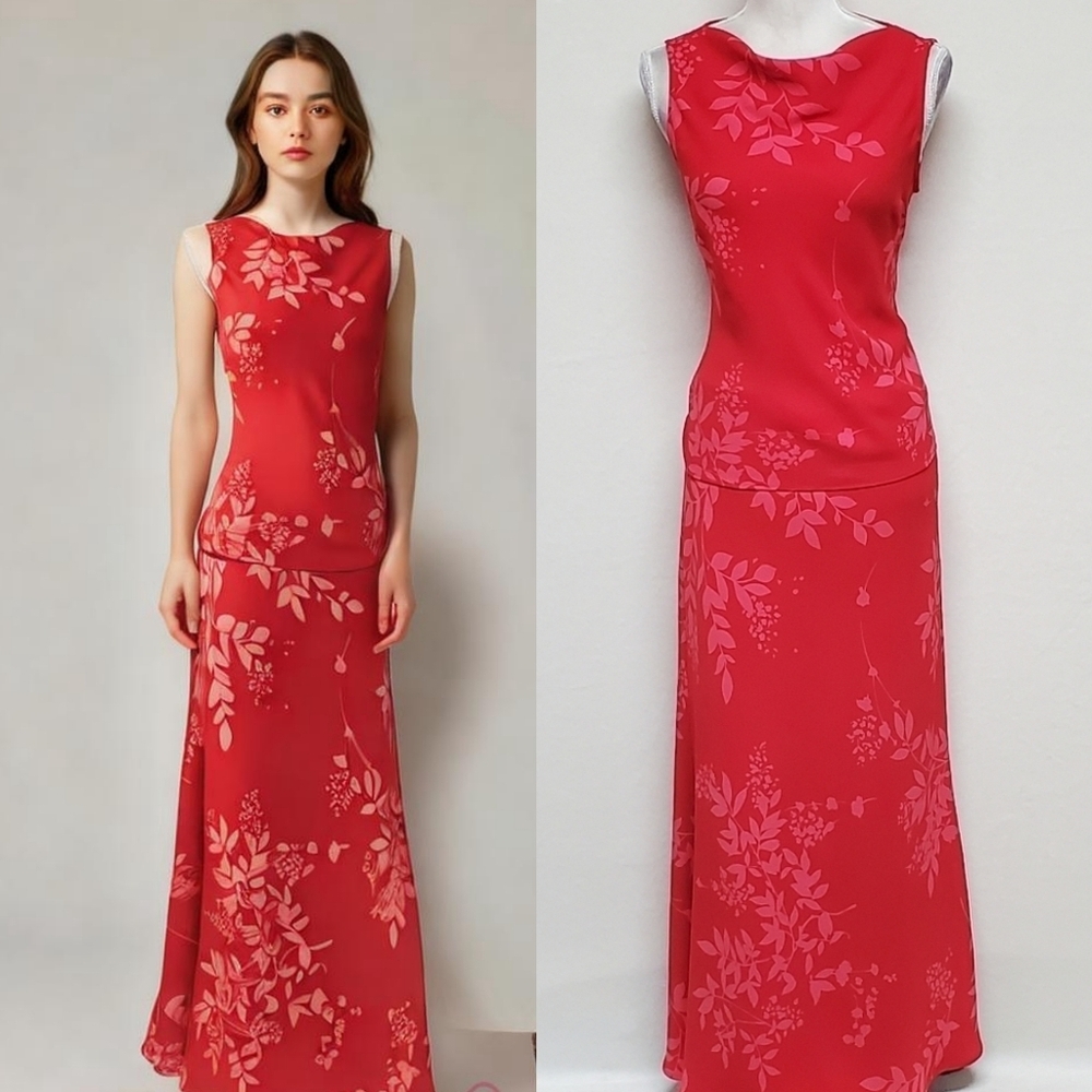 90s Vintage Jones New York Red Pink Floral Two-Piece Cowl Neck Top Maxi Skirt.